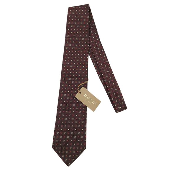 Gucci Tie Mens Red 100% Silk Narrow Geometric Meadow Luxury Designer Italy - Picture 1 of 12